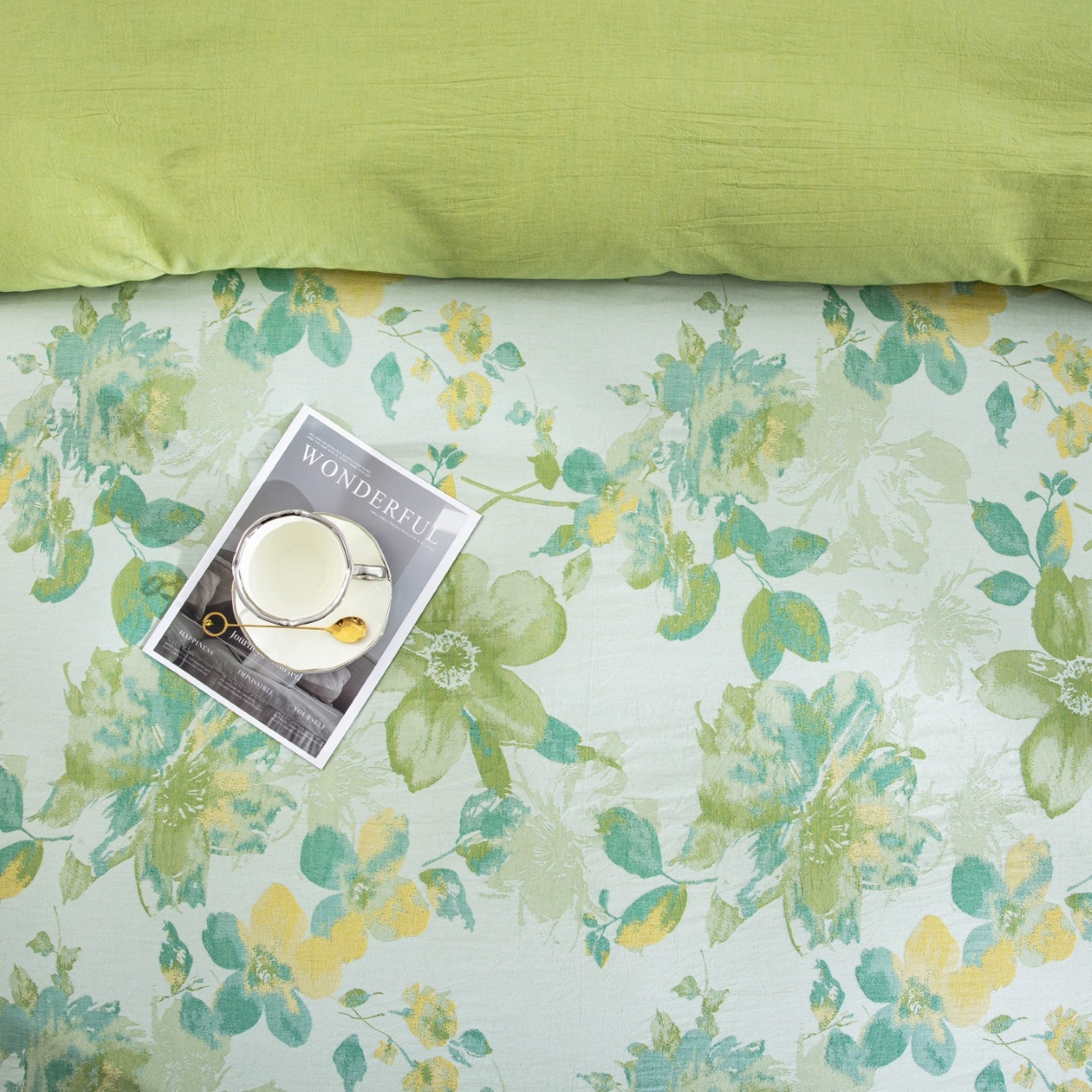 91家纺网 家纺一手货源 找家纺 仰望棉麻双层纱供应链 2026新款念奴娇全棉纯棉色织提花纽扣款四件套 念奴娇-绿色