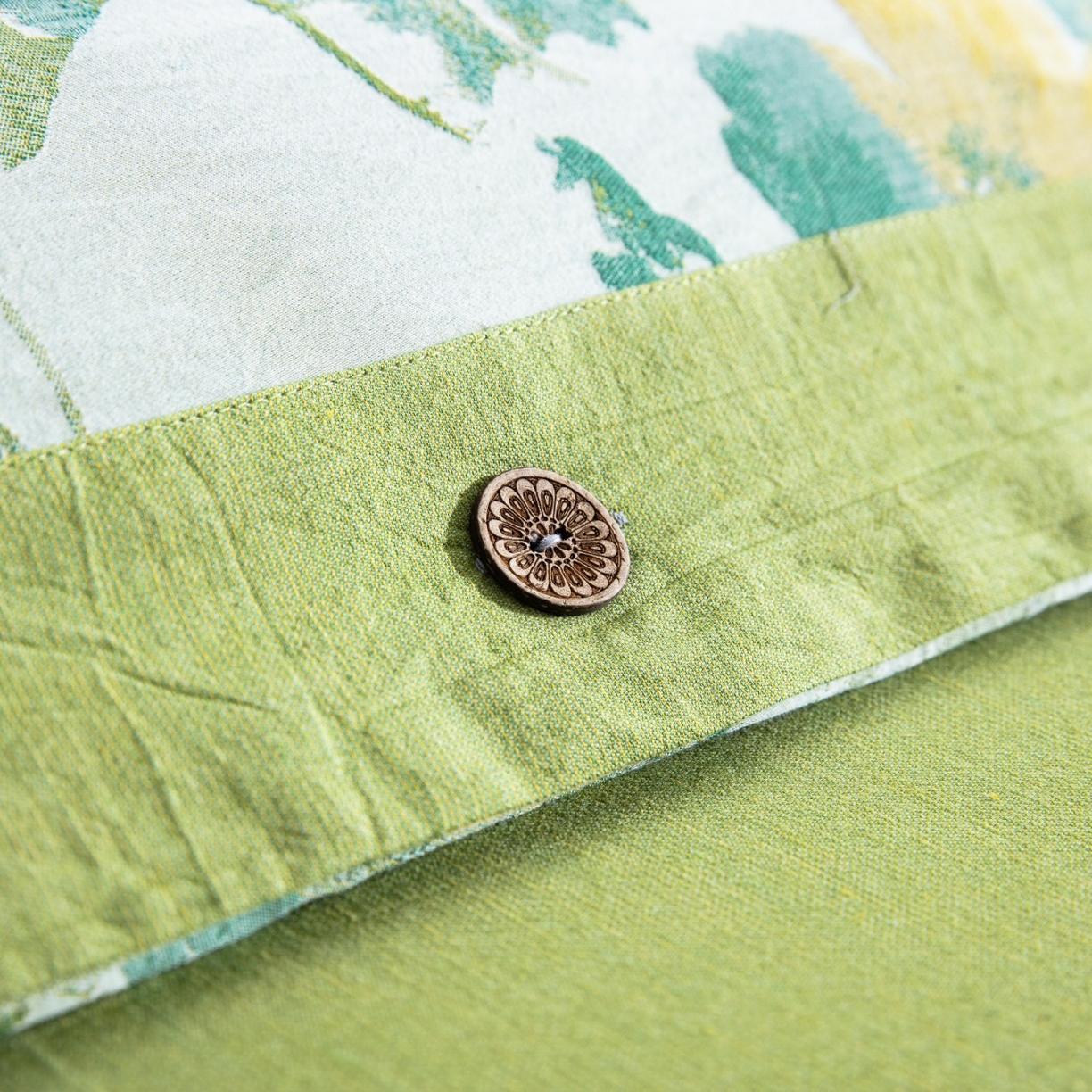 91家纺网 家纺一手货源 找家纺 仰望棉麻双层纱供应链 2026新款念奴娇全棉纯棉色织提花纽扣款四件套 念奴娇-绿色