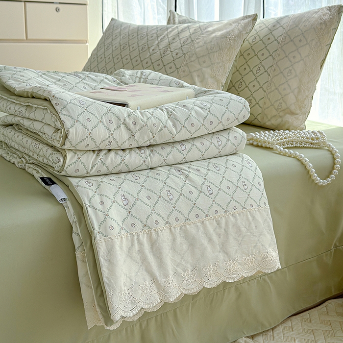 91家纺网 家纺一手货源 找家纺 （总）铺尚美家纺 2026春夏新款古法水洗云感棉夏被四件套全棉花边印花夏凉被空调被