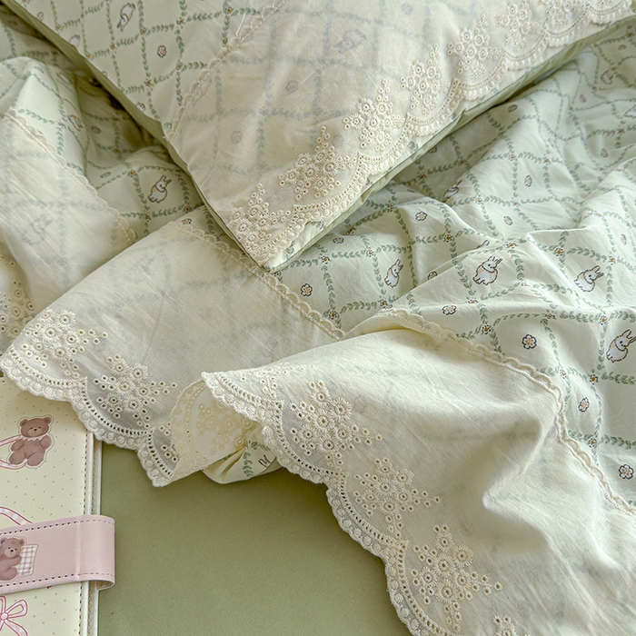 91家纺网 家纺一手货源 找家纺 铺尚美家纺 2026春夏新款古法水洗云感棉夏被四件套全棉花边印花夏凉被空调被 兔朵朵