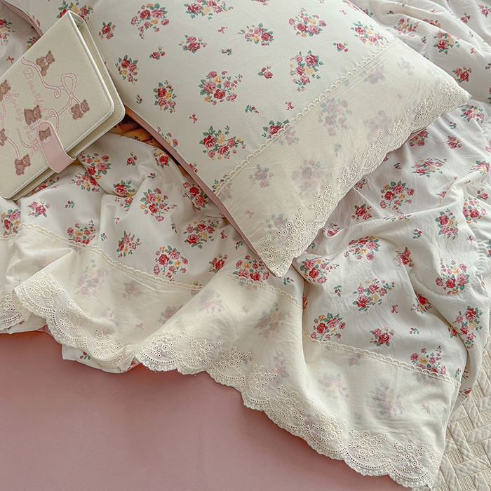 91家纺网 家纺一手货源 找家纺 铺尚美家纺 2026春夏新款古法水洗云感棉夏被四件套全棉花边印花夏凉被空调被 棠梨