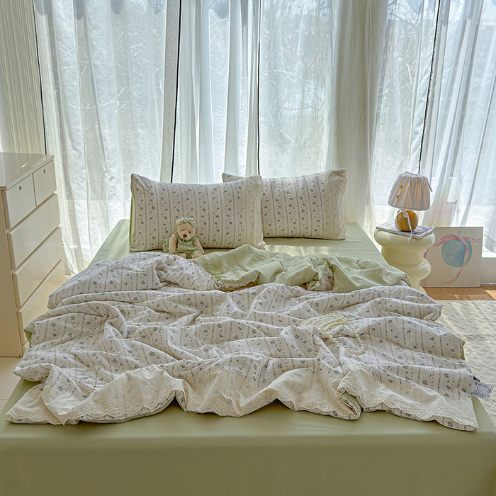 91家纺网 家纺一手货源 找家纺 铺尚美家纺 2026春夏新款古法水洗云感棉夏被四件套全棉花边印花夏凉被空调被 蓝花楹