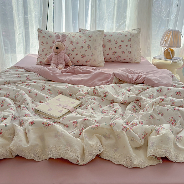 91家纺网 家纺一手货源 找家纺 铺尚美家纺 2026春夏新款古法水洗云感棉夏被四件套全棉花边印花夏凉被空调被 棠梨