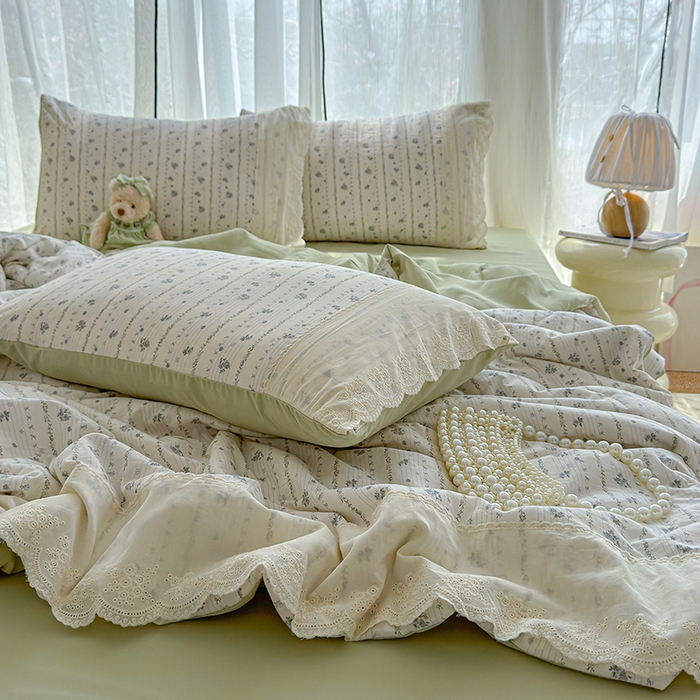 91家纺网 家纺一手货源 找家纺 铺尚美家纺 2026春夏新款古法水洗云感棉夏被四件套全棉花边印花夏凉被空调被 蓝花楹