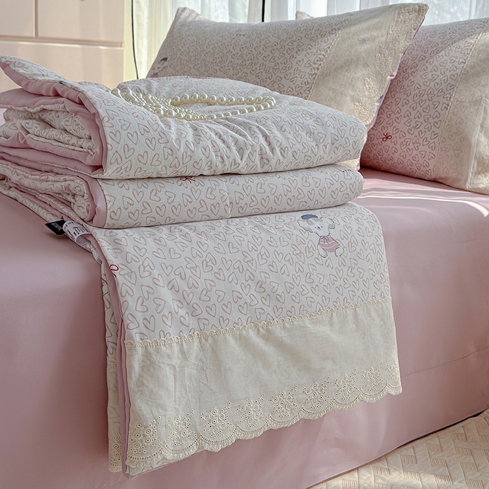 铺尚美家纺 2026春夏新款古法水洗云感棉夏被四件套全棉花边印花夏凉被空调被 甜梦小狗