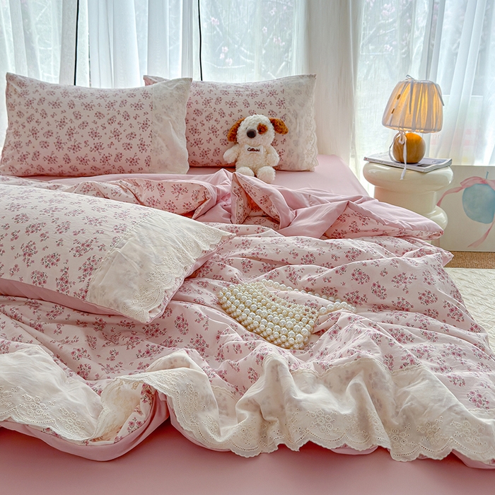 91家纺网 家纺一手货源 找家纺 铺尚美家纺 2026春夏新款古法水洗云感棉夏被四件套全棉花边印花夏凉被空调被 桃笺