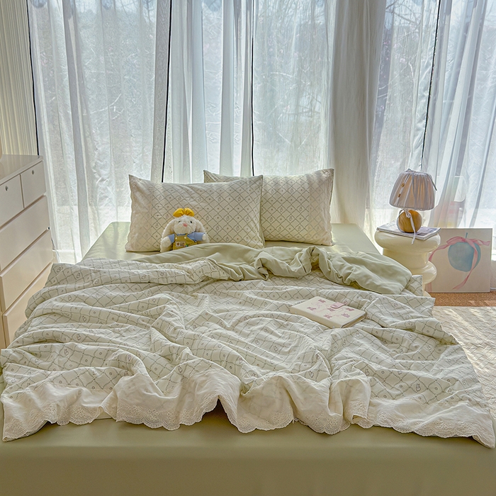 91家纺网 家纺一手货源 找家纺 铺尚美家纺 2026春夏新款古法水洗云感棉夏被四件套全棉花边印花夏凉被空调被 兔朵朵