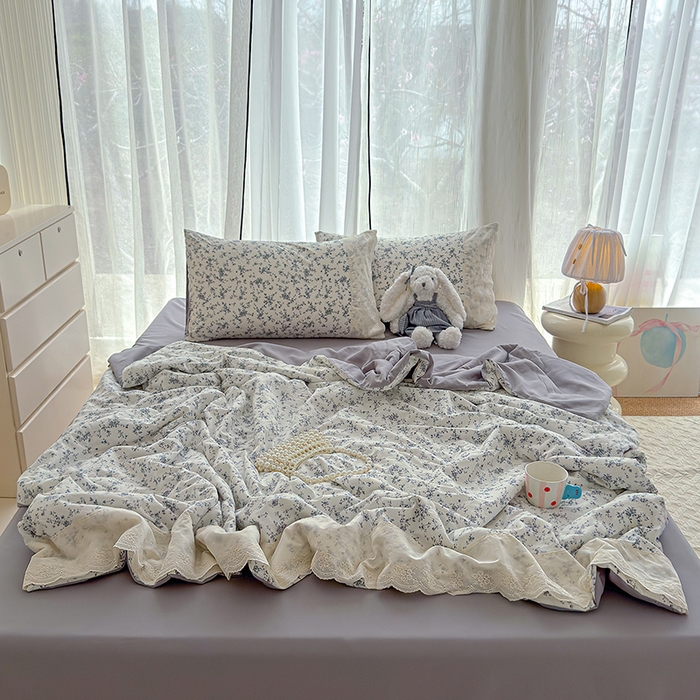 91家纺网 家纺一手货源 找家纺 铺尚美家纺 2026春夏新款古法水洗云感棉夏被四件套全棉花边印花夏凉被空调被 素羽