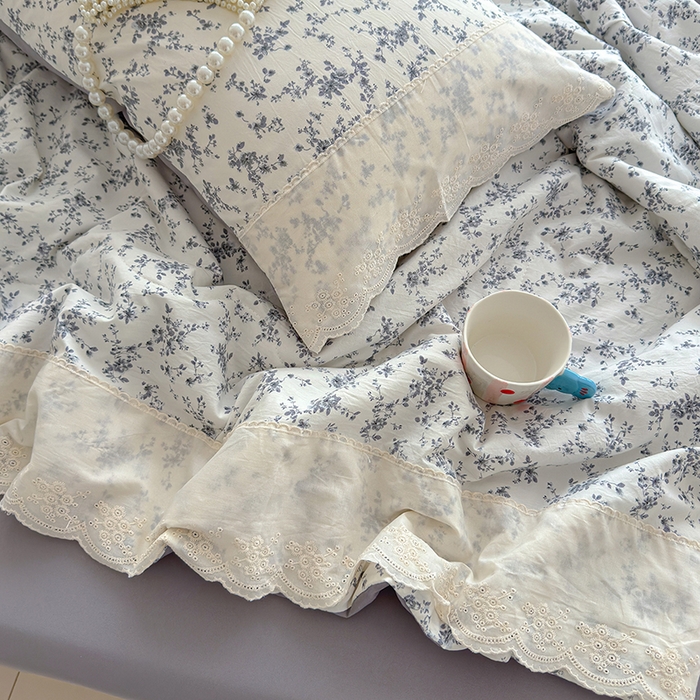 91家纺网 家纺一手货源 找家纺 铺尚美家纺 2026春夏新款古法水洗云感棉夏被四件套全棉花边印花夏凉被空调被 素羽