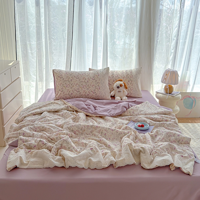 91家纺网 家纺一手货源 找家纺 铺尚美家纺 2026春夏新款古法水洗云感棉夏被四件套全棉花边印花夏凉被空调被 花酿