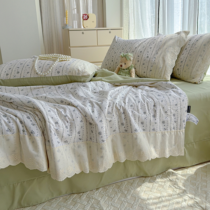 91家纺网 家纺一手货源 找家纺 铺尚美家纺 2026春夏新款古法水洗云感棉夏被四件套全棉花边印花夏凉被空调被 蓝花楹