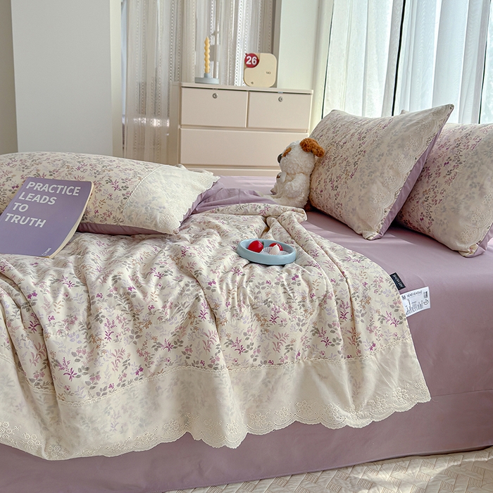 91家纺网 家纺一手货源 找家纺 铺尚美家纺 2026春夏新款古法水洗云感棉夏被四件套全棉花边印花夏凉被空调被 花酿