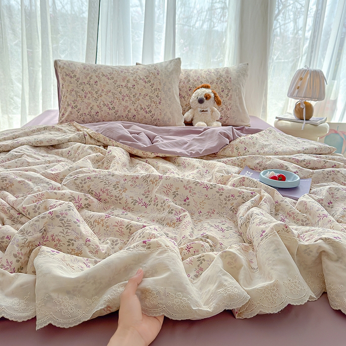 91家纺网 家纺一手货源 找家纺 铺尚美家纺 2026春夏新款古法水洗云感棉夏被四件套全棉花边印花夏凉被空调被 花酿