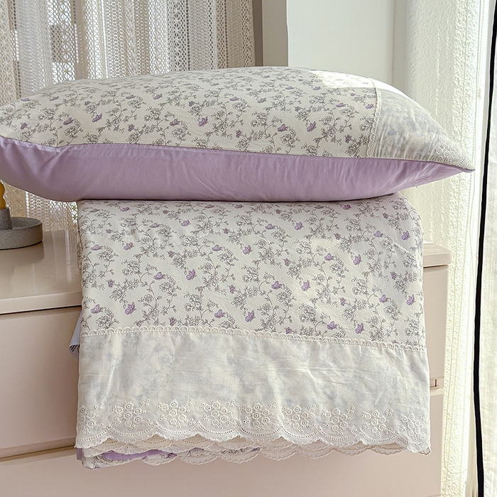 91家纺网 家纺一手货源 找家纺 铺尚美家纺 2026春夏新款古法水洗云感棉夏被四件套全棉花边印花夏凉被空调被 紫蝶