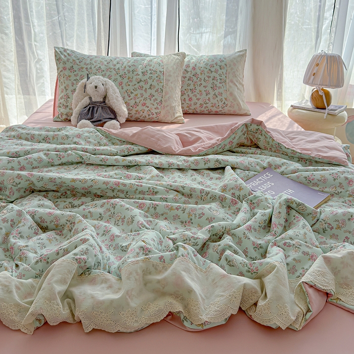 91家纺网 家纺一手货源 找家纺 铺尚美家纺 2026春夏新款古法水洗云感棉夏被四件套全棉花边印花夏凉被空调被 花畔