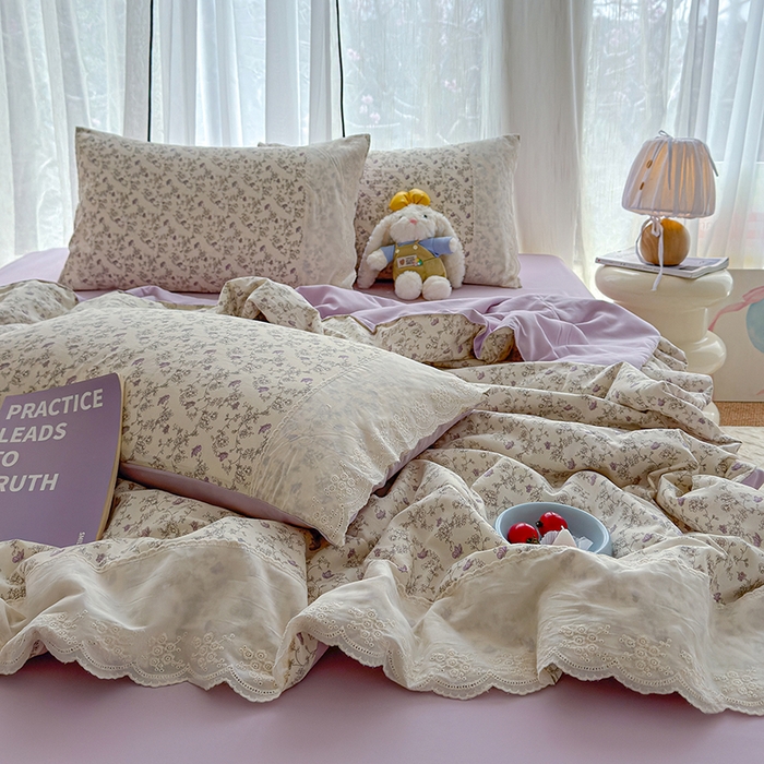 91家纺网 家纺一手货源 找家纺 铺尚美家纺 2026春夏新款古法水洗云感棉夏被四件套全棉花边印花夏凉被空调被 紫蝶