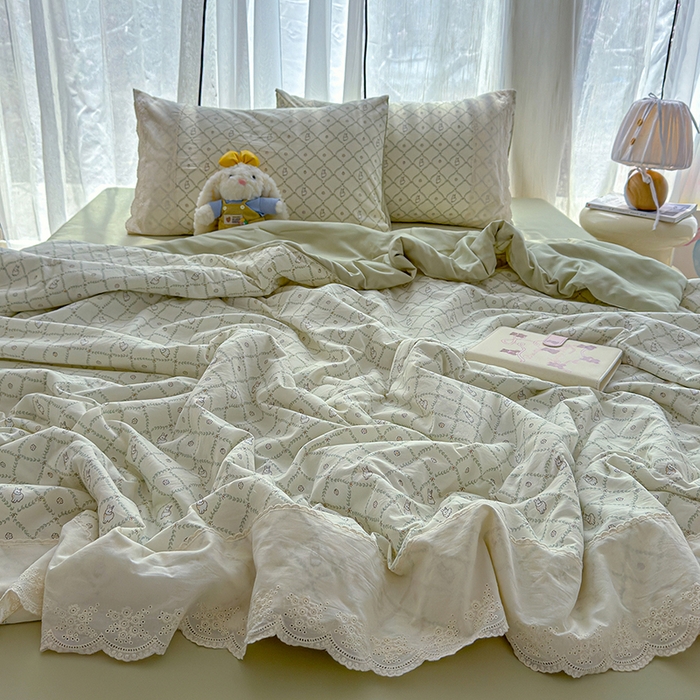 91家纺网 家纺一手货源 找家纺 铺尚美家纺 2026春夏新款古法水洗云感棉夏被四件套全棉花边印花夏凉被空调被 兔朵朵