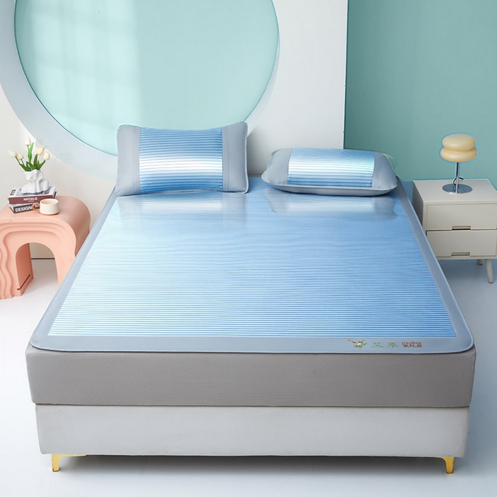 航途席业 2026新款刺绣可水洗碳光冰丝席宽包边无纺布冰丝席艾香系列 艾香条纹床席款静谧蓝