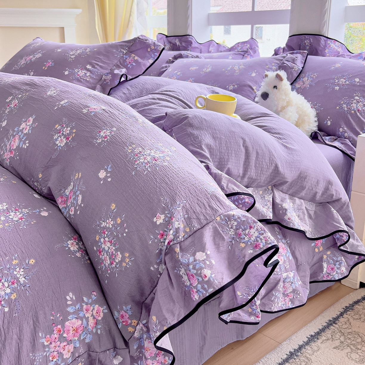 91家纺网 家纺一手货源 找家纺 （总）找底底家纺 2026新款A类泡泡棉双层纱四件套花边夏被四件套