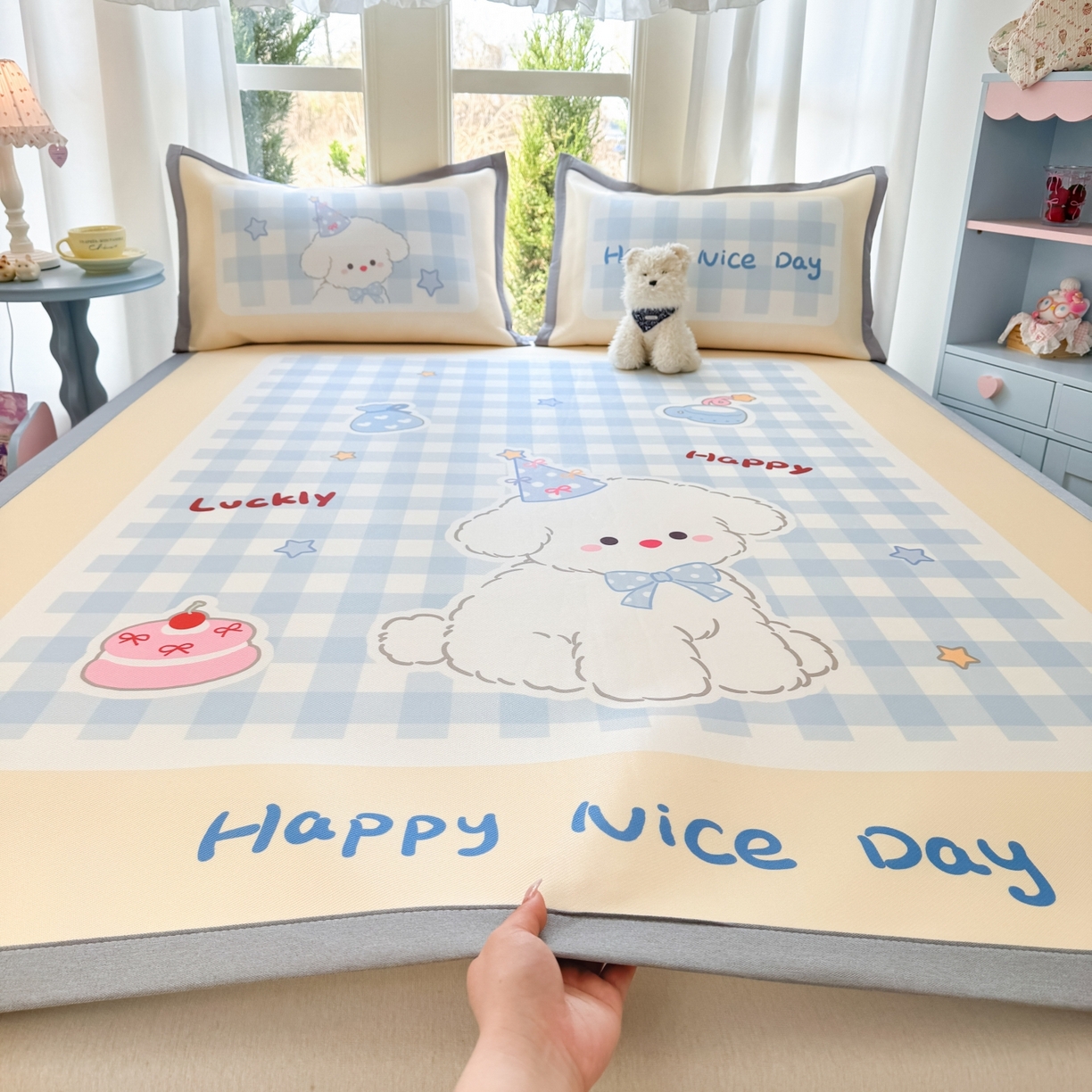 川悦生活 2026新款碳光冰丝大阪卡通凉席 甜园小狗-奶蓝