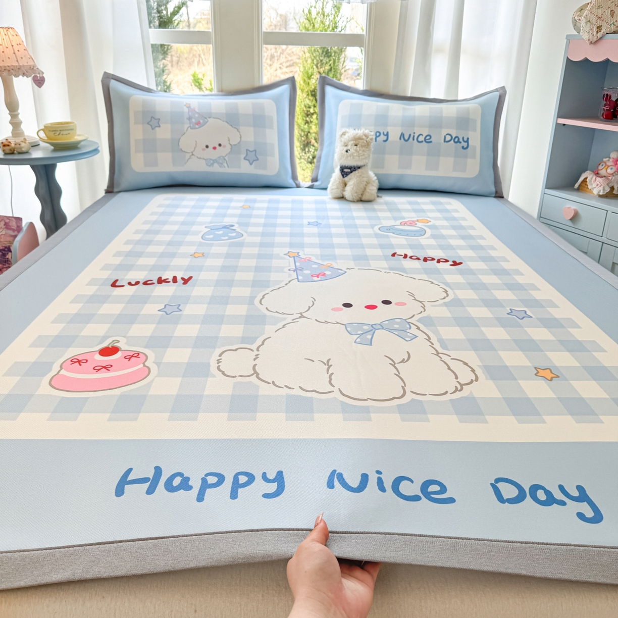 川悦生活 2026新款碳光冰丝大阪卡通凉席 甜园小狗-天蓝