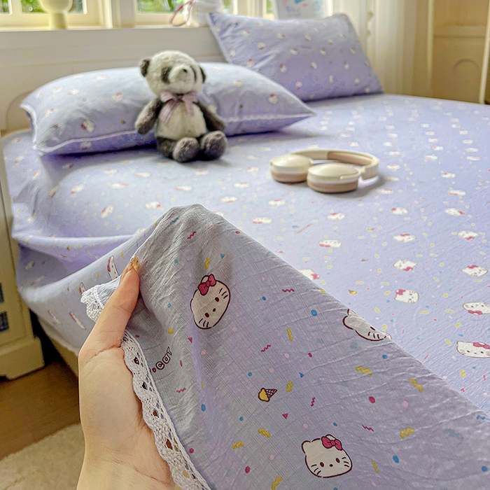 91家纺网 家纺一手货源 找家纺 水木坊 2025新款云感提花双层纱花边床单 蓝梅猫猫