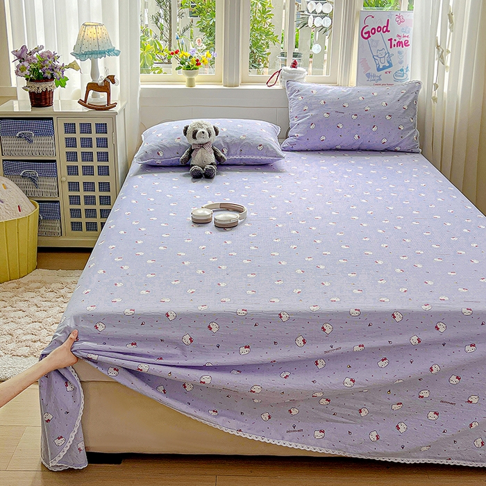 91家纺网 家纺一手货源 找家纺 水木坊 2025新款云感提花双层纱花边床单 蓝梅猫猫