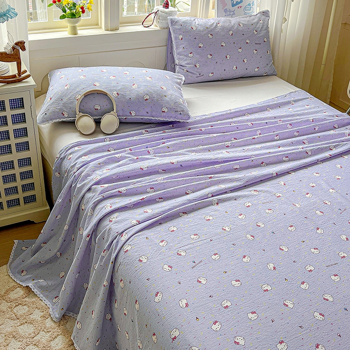 91家纺网 家纺一手货源 找家纺 水木坊 2025新款云感提花双层纱花边床单 蓝梅猫猫