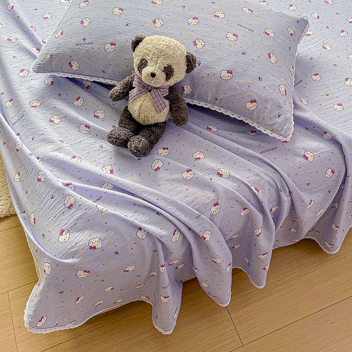 91家纺网 家纺一手货源 找家纺 水木坊 2025新款云感提花双层纱花边床单 蓝梅猫猫