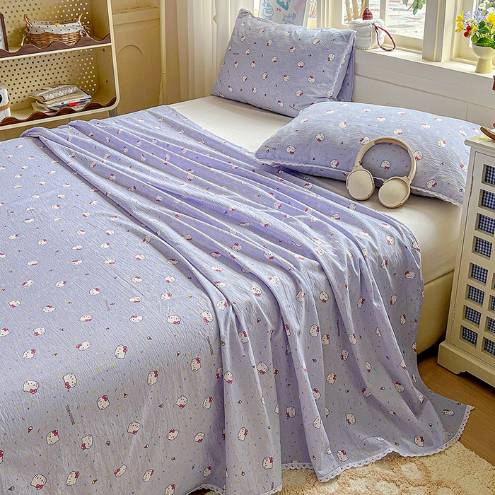 91家纺网 家纺一手货源 找家纺 水木坊 2025新款云感提花双层纱花边床单 蓝梅猫猫