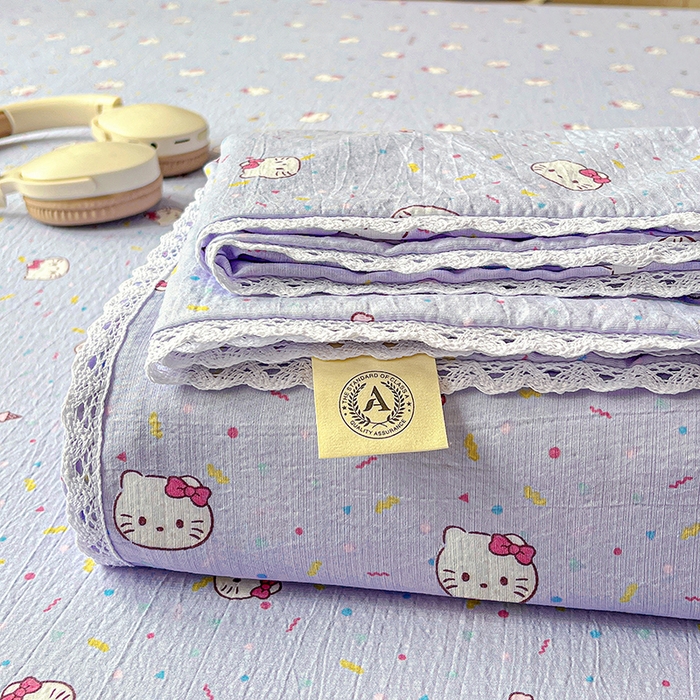 91家纺网 家纺一手货源 找家纺 水木坊 2025新款云感提花双层纱花边床单 蓝梅猫猫