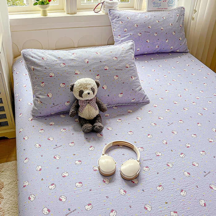 91家纺网 家纺一手货源 找家纺 水木坊 2025新款云感提花双层纱花边床单 蓝梅猫猫