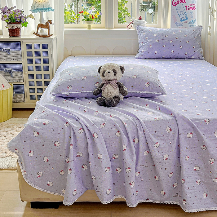 91家纺网 家纺一手货源 找家纺 水木坊 2025新款云感提花双层纱花边床单 蓝梅猫猫