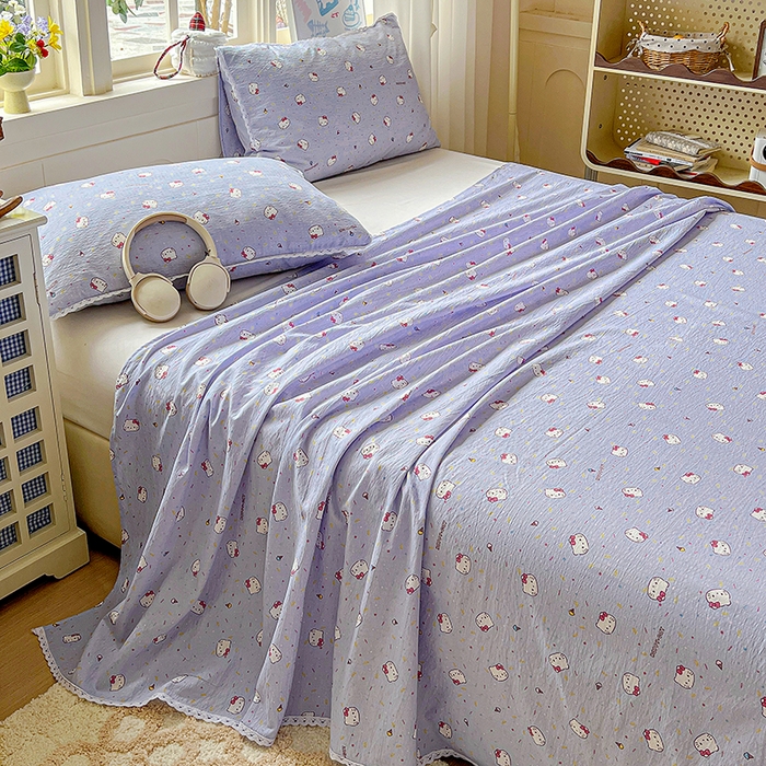 91家纺网 家纺一手货源 找家纺 水木坊 2025新款云感提花双层纱花边床单 蓝梅猫猫