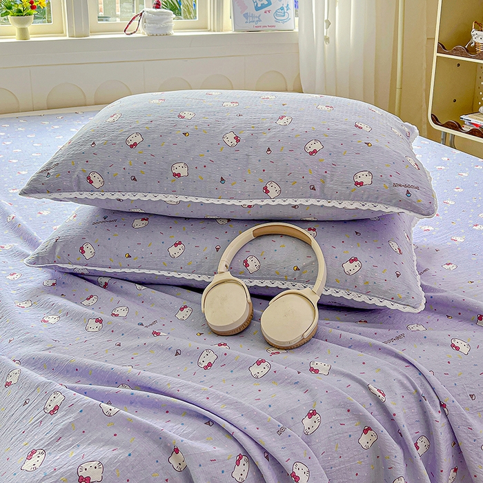 91家纺网 家纺一手货源 找家纺 水木坊 2025新款云感提花双层纱花边床单 蓝梅猫猫