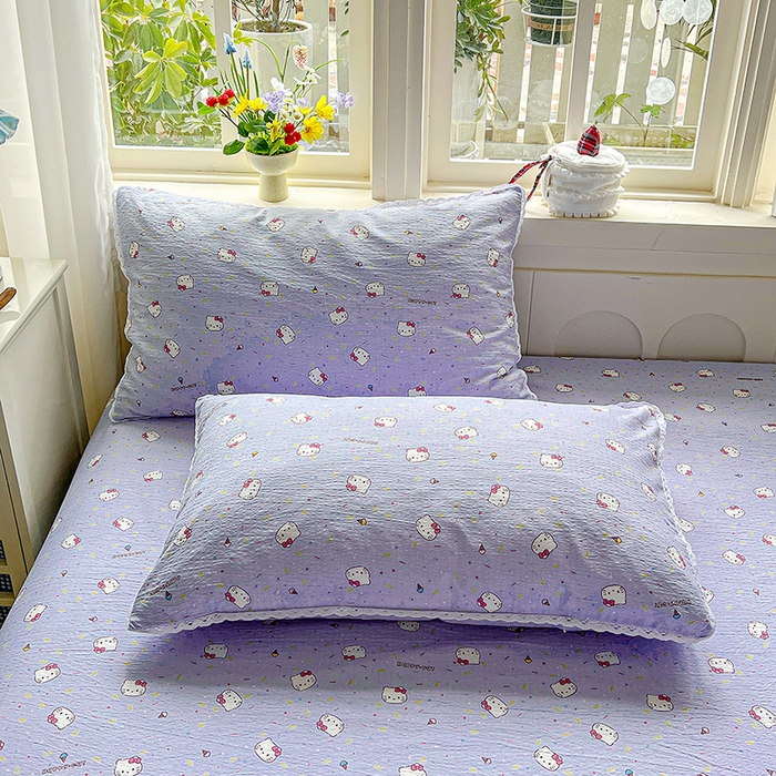 91家纺网 家纺一手货源 找家纺 水木坊 2025新款云感提花双层纱花边床单 蓝梅猫猫