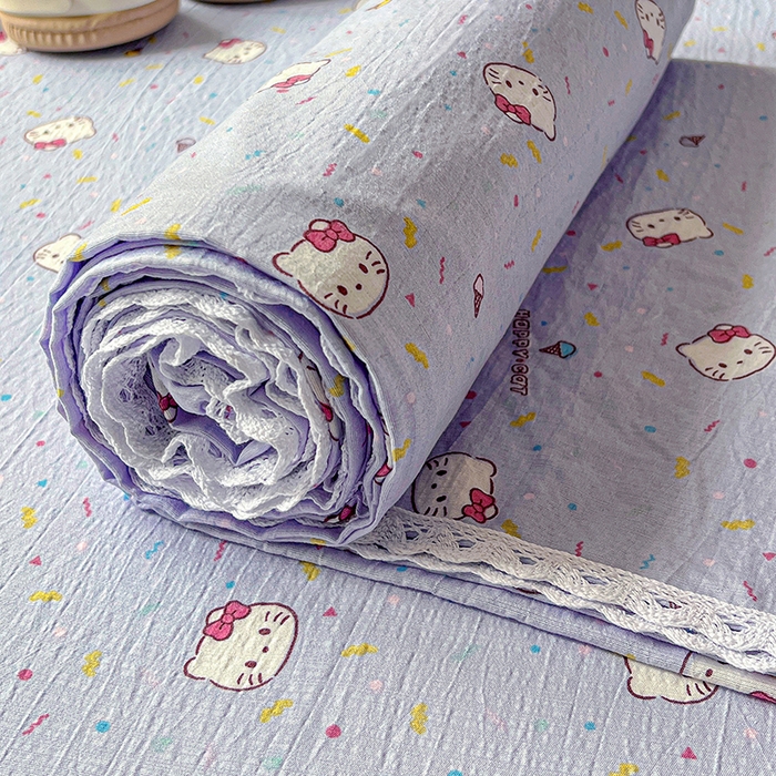 91家纺网 家纺一手货源 找家纺 水木坊 2025新款云感提花双层纱花边床单 蓝梅猫猫