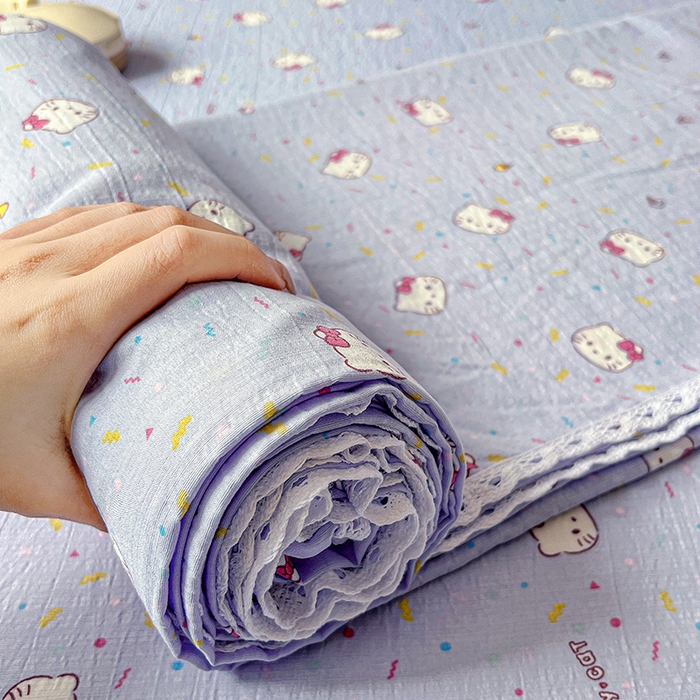 91家纺网 家纺一手货源 找家纺 水木坊 2025新款云感提花双层纱花边床单 蓝梅猫猫