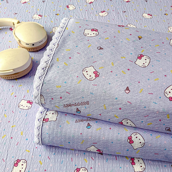 91家纺网 家纺一手货源 找家纺 水木坊 2025新款云感提花双层纱花边床单 蓝梅猫猫