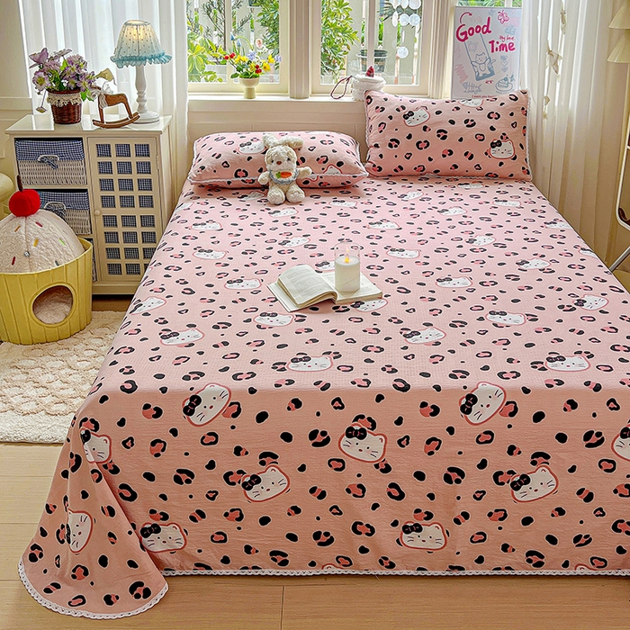 91家纺网 家纺一手货源 找家纺 水木坊 2025新款云感提花双层纱花边床单 豹纹猫咪粉