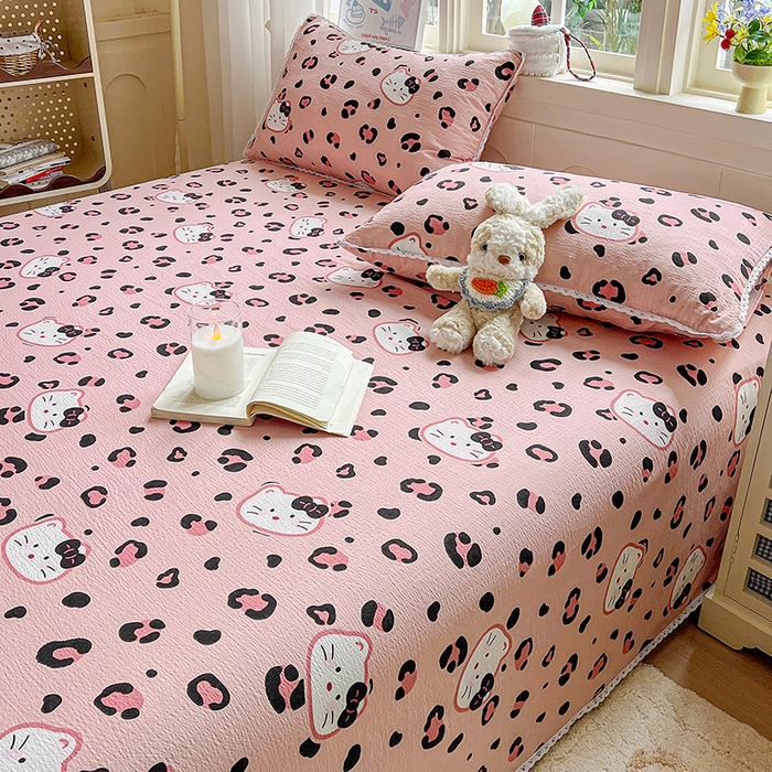 91家纺网 家纺一手货源 找家纺 水木坊 2025新款云感提花双层纱花边床单 豹纹猫咪粉