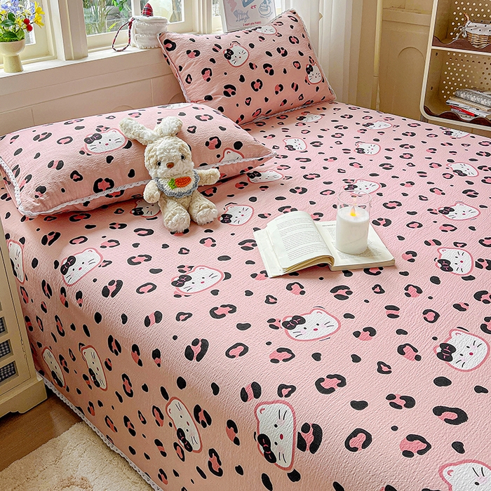 91家纺网 家纺一手货源 找家纺 水木坊 2025新款云感提花双层纱花边床单 豹纹猫咪粉