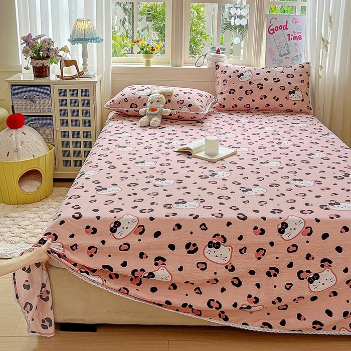 91家纺网 家纺一手货源 找家纺 水木坊 2025新款云感提花双层纱花边床单 豹纹猫咪粉