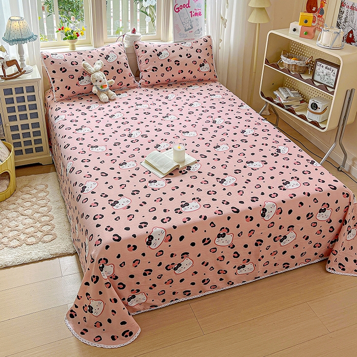 91家纺网 家纺一手货源 找家纺 水木坊 2025新款云感提花双层纱花边床单 豹纹猫咪粉