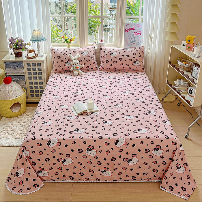 91家纺网 家纺一手货源 找家纺 水木坊 2025新款云感提花双层纱花边床单 豹纹猫咪粉