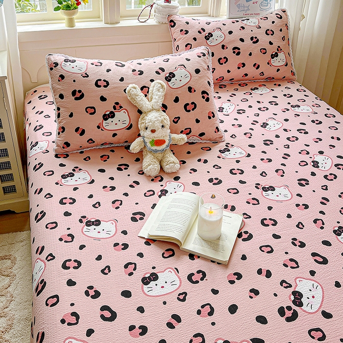 91家纺网 家纺一手货源 找家纺 水木坊 2025新款云感提花双层纱花边床单 豹纹猫咪粉