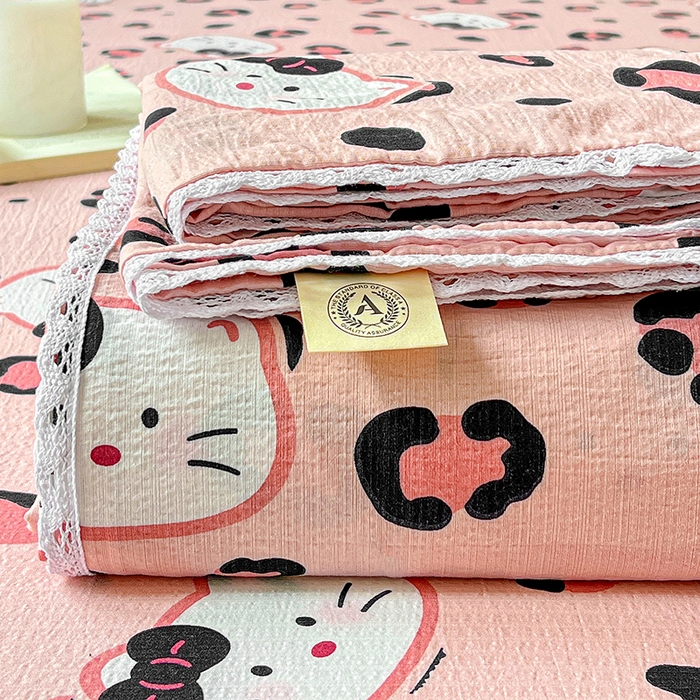 水木坊 2025新款云感提花双层纱花边床单 豹纹猫咪粉