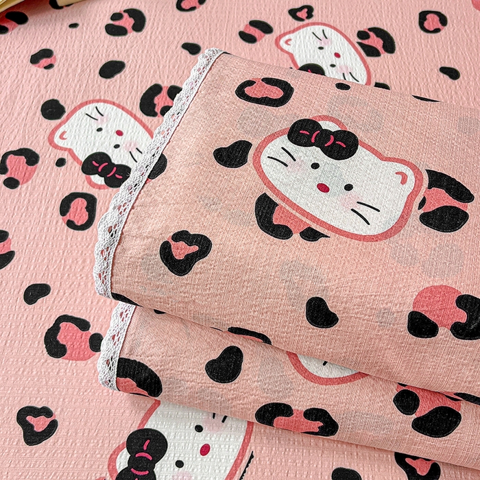 91家纺网 家纺一手货源 找家纺 水木坊 2025新款云感提花双层纱花边床单 豹纹猫咪粉