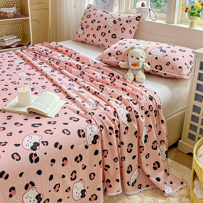 91家纺网 家纺一手货源 找家纺 水木坊 2025新款云感提花双层纱花边床单 豹纹猫咪粉