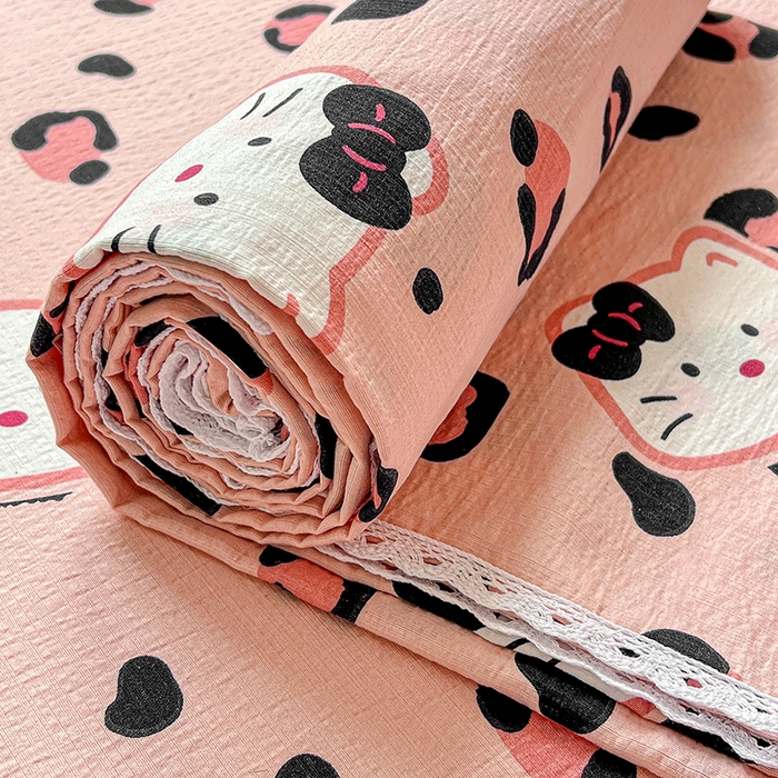 91家纺网 家纺一手货源 找家纺 水木坊 2025新款云感提花双层纱花边床单 豹纹猫咪粉